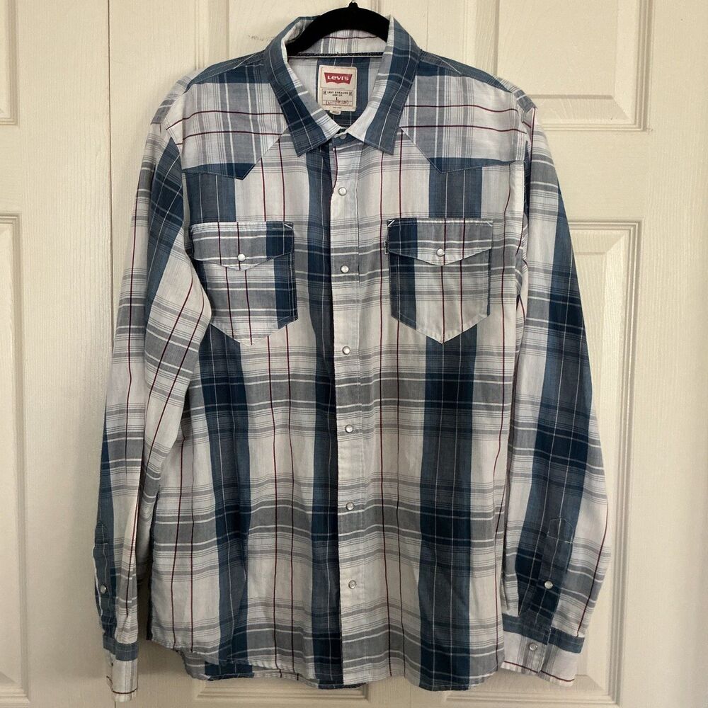 ❤️ Levi's White Blue Plaid Western Pearl Snap Long Sleeve Button Down Large